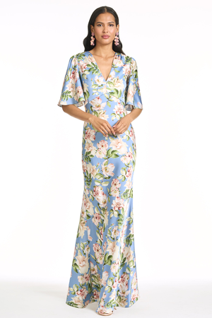 MAE BLUE PINK FLORAL SATIN V NECK EMPIRE WAIST GOWN