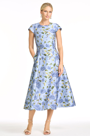 JACKIE SKY BLUE FLORAL MIKADO FIT AND FLARE DRESS