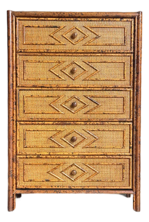 1980s Vintage British Colonial Style Bamboo and Rattan Tall Chest
