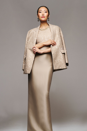TEDDI BEIGE SEQUIN TWEED SINGLE BREASTED BLAZER