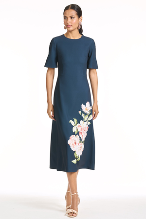 FAIRFIELD NAVY FLORAL CREPE A-LINE DRESS