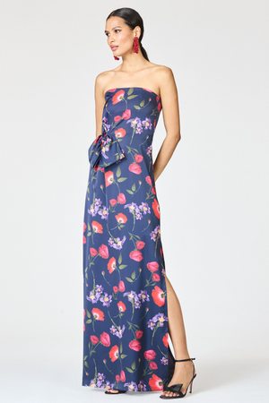 MONROE MIDNIGHT BLUE FLORAL SATIN CREPE COLUMN GOWN - FINAL SALE