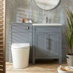 Milano Aston - Light Grey 600mm Traditional Vanity Unit with Basin and Modern T-Bar Chrome Handles and WC Unit with Rivington Back to Wall Toilet