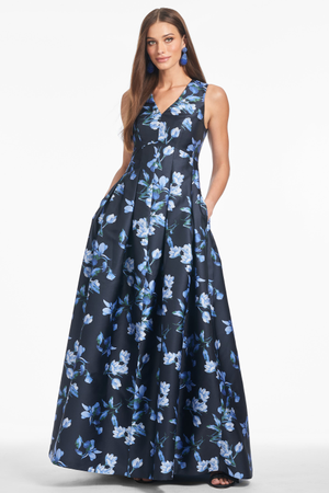 BROOKE MIDNIGHT BLUE FLORAL MIKADO V NECK BALL GOWN - FINAL SALE