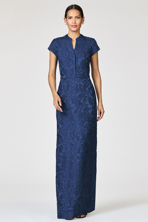 JUSTINE MIDNIGHT BLUE MANDARIN  V NECK GOWN