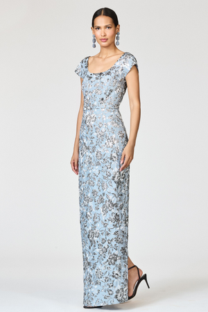 GRACE SILVER BLUE FLORAL COLUMN GOWN