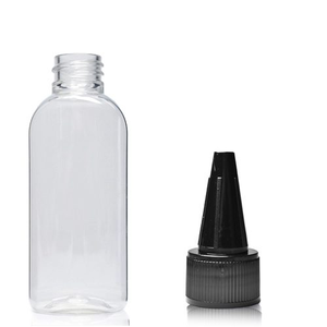 50ml Clear PCR/PET Oval Bottle & 20mm Spout Cap - Black (Screw Top)