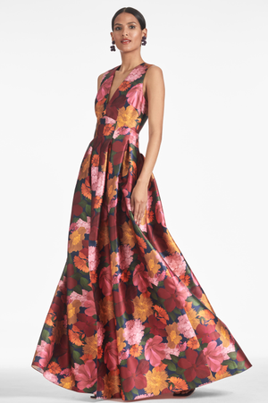 BROOKE RED MULTI FLORAL MIKADO V NECK BALL GOWN - FINAL SALE