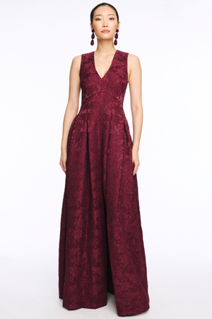 BROOKE BURGUNDY V NECK BALL GOWN