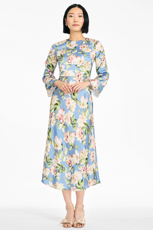 TYRA BLUE PINK FLORAL TEA LENGTH EMPIRE WAIST DRESS