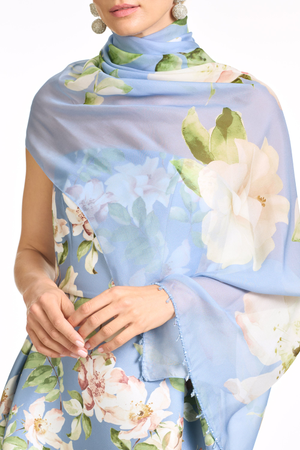 EMMY SKY BLUE FLORAL SILK CHIFFON SCARF
