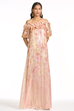 VALENTINA PINK FLORAL LAMÉ OFF THE SHOULDER GOWN