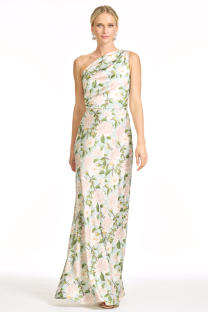 DELPHINE MINT GREEN FLORAL ONE SHOULDER A-LINE GOWN