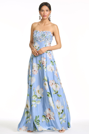 AMES BLUE FLORAL CHIFFON EMPIRE WAIST GOWN