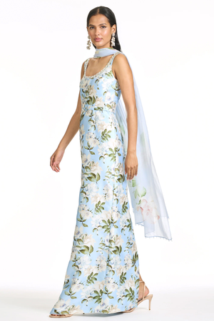LANA BLUE WHITE FLORAL MIKADO COLUMN GOWN