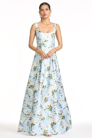AURORA BLUE WHITE FLORAL EMPIRE WAIST BALL GOWN