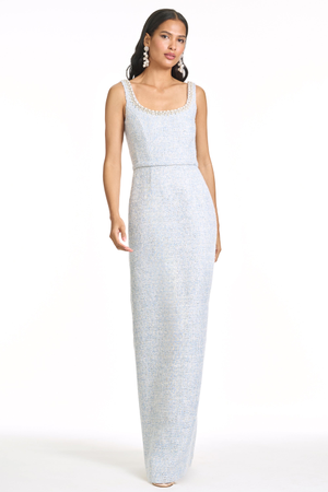 LANA ICE BLUE TWEED COLUMN GOWN - FINAL SALE