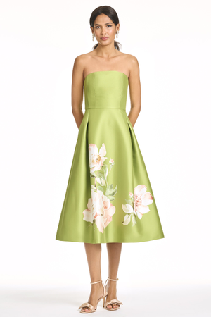SHAY GREEN FLORAL MIKADO FIT AND FLARE DRESS - FINAL SALE