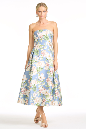 SHAY BLUE PINK FLORAL MIKADO FIT AND FLARE DRESS - FINAL SALE