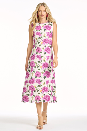 DEVON IVORY PINK FLORAL CREPE TEA LENGTH A-LINE DRESS - FINAL SALE