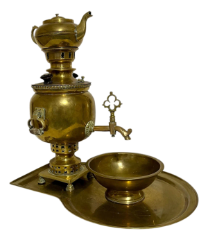 Antique Brass Samovar Set With Teapot - 4 Pieces