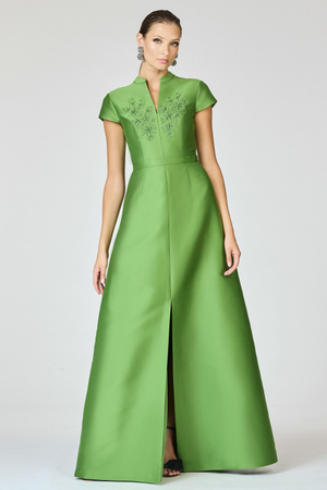 MARNI GREEN EMBELLISHED MIKADO A-LINE GOWN