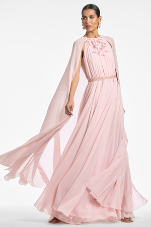 BELLADONNA PEACH SILK CHIFFON CAPE A-LINE GOWN
