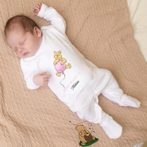 'Hello World I'm...' Bear & Pink Balloon Sleepsuit