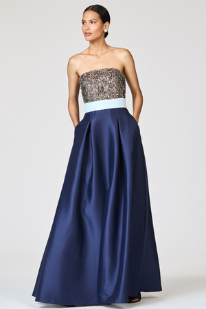 COLETTE SILVER BLUE FLORAL STRAPLESS BALL GOWN