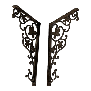 13" H Vintage Ornate Cast Iron Wall Mount Bracket Hangers Set of Two