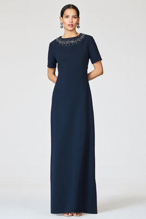 FRANCA MIDNIGHT BLUE EMBELLISHED CREPE A-LINE GOWN