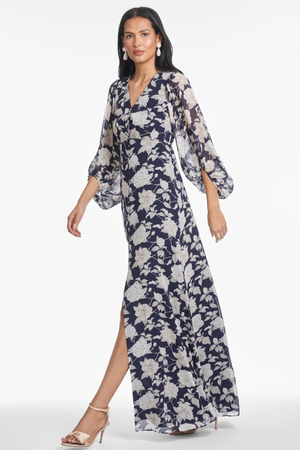 JENNY NAVY WHITE FLORAL CHIFFON EMPIRE WAIST GOWN