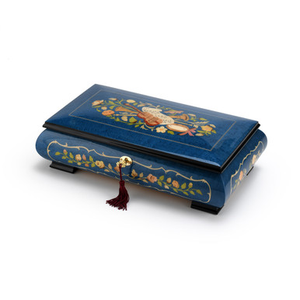 Handcrafted 30 Note Navy Blue Grand Musical Instrument and Floral Music Jewelry  Box with Lift Up Tray
