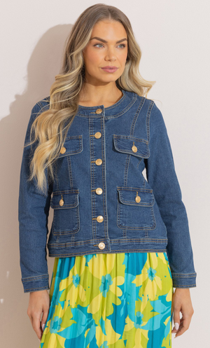 Collarless Washed Denim Jacket - Dark/Denim/Blue