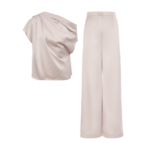 Beige Set With Asymmetrical Draped Top And Wide Leg Trousers (L)