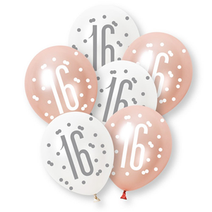 Rose Gold Glitz Platinum & Pearl 16th Birthday Latex Balloons 30cm / 12 in - Pack of 6