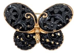 Vintage 1960s Signed Napier Goldtone Carved Faux-Onyx Butterfly Brooch