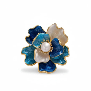 Enamel Peony Freshwater Pearl Brooch - Blue (one size)
