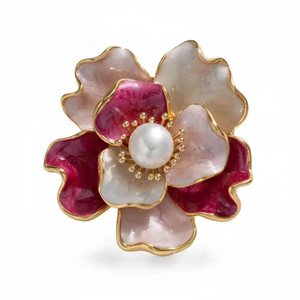 Enamel Peony Freshwater Pearl Brooch - Pink (one size)