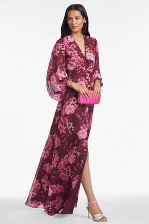 JENNY MAGENTA FLORAL CHIFFON EMPIRE WAIST GOWN