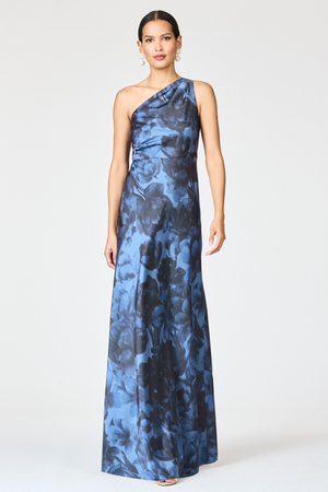 DELPHINE DARK BLUE FLORAL ONE SHOULDER A-LINE GOWN