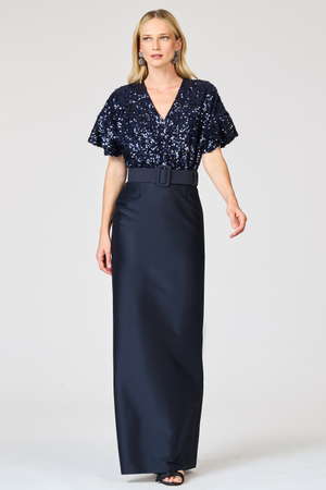 MARLENE MIDNIGHT BLUE SEQUIN MIKADO COLUMN GOWN - FINAL SALE