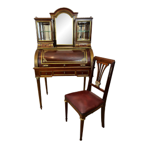 1900s Lady's French Louis XVI Style Mahogany Bonheur Du Jour Desk With Chair Set of 2
