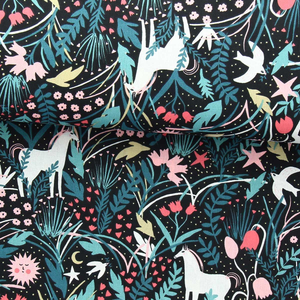 Tissu popeline de coton - Azora noir et corail