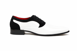 Black Suede White Shiny Patent Shoes