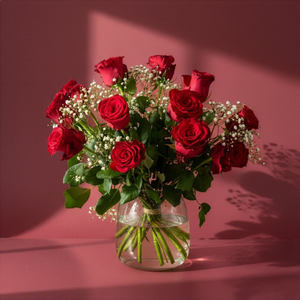 12 Premium Red Roses with Gypsophila Bouquet