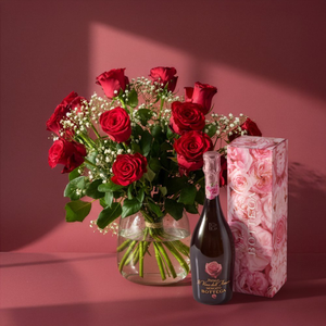 12 Premium Red Roses with Gypsophila & Scented Bottega Gift Set