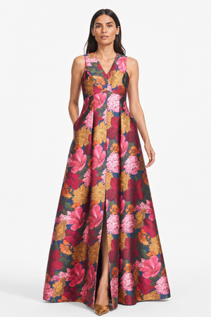 BROOKLYNNE RED MULTI FLORAL MIKADO BALL GOWN