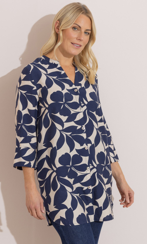 Anna Rose Printed Longline Blouse - Navy/Ivory