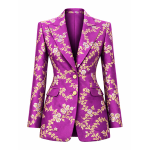 Luxury Handcrafted Amethyst Silk Brocade Blazer With Gold Floral Detailing (L)